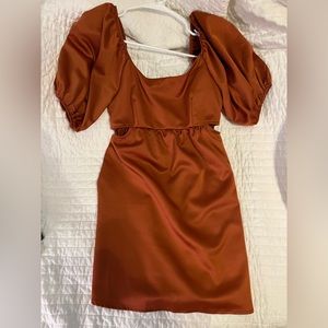 Cut out, short dress, bell sleeves, copper color